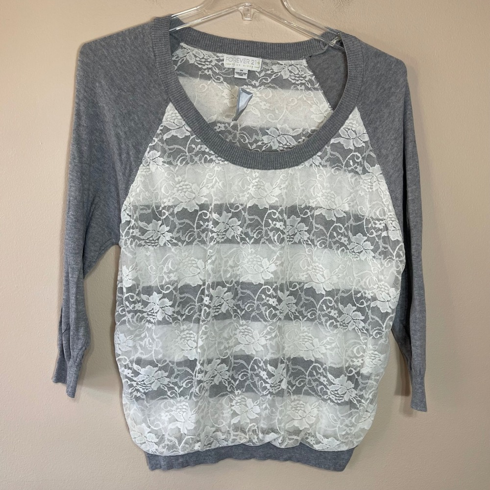 NEW Forever 21+ Grey White Striped Floral Lace Raglan Top 3X Plus 3/4 Sleeve